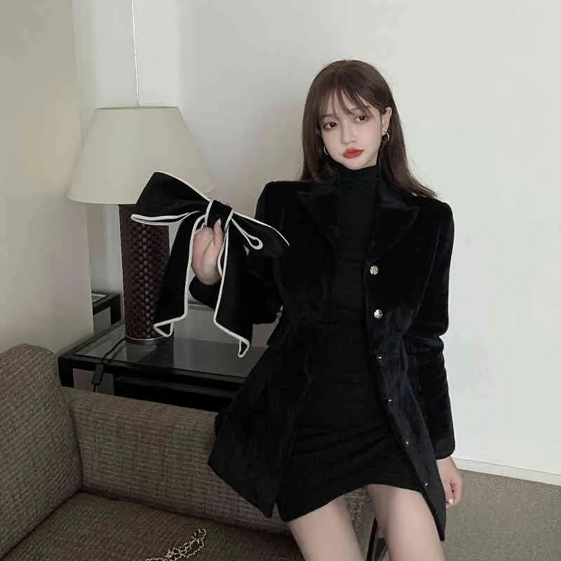 Korobov New Chic Vintage Elegant Lacing Bow Women Coats Korean Sweet Slim Hit Color Female Jackets A-Line OL Coat 210430