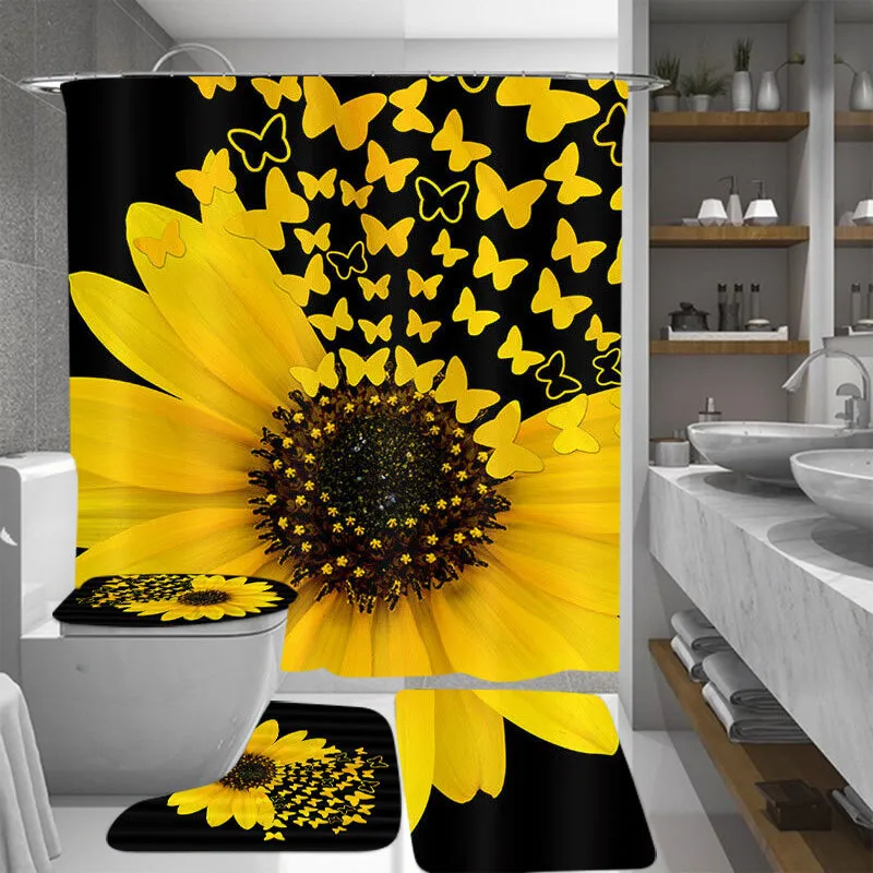 Sunflower Pattern Shower Curtain set Toilet Cover Rug Carpets Non-slip Kitchen Bath Mat Wooden Board Bathroom Set Decoration 210402