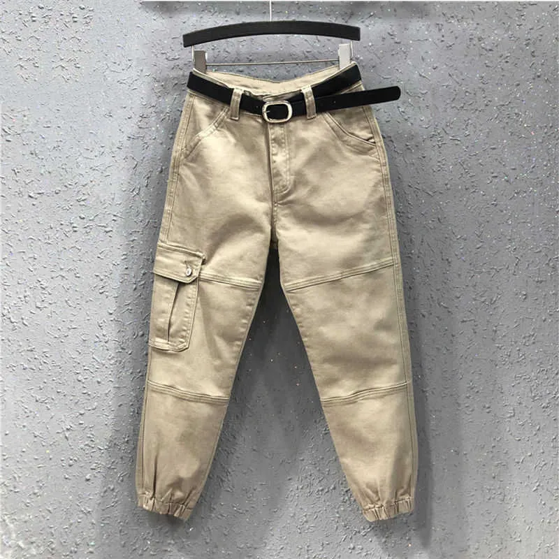 Pantalon taille haute ceintures poches bureau printemps automne grande taille lâche décontracté pantalon à neuf points 210531