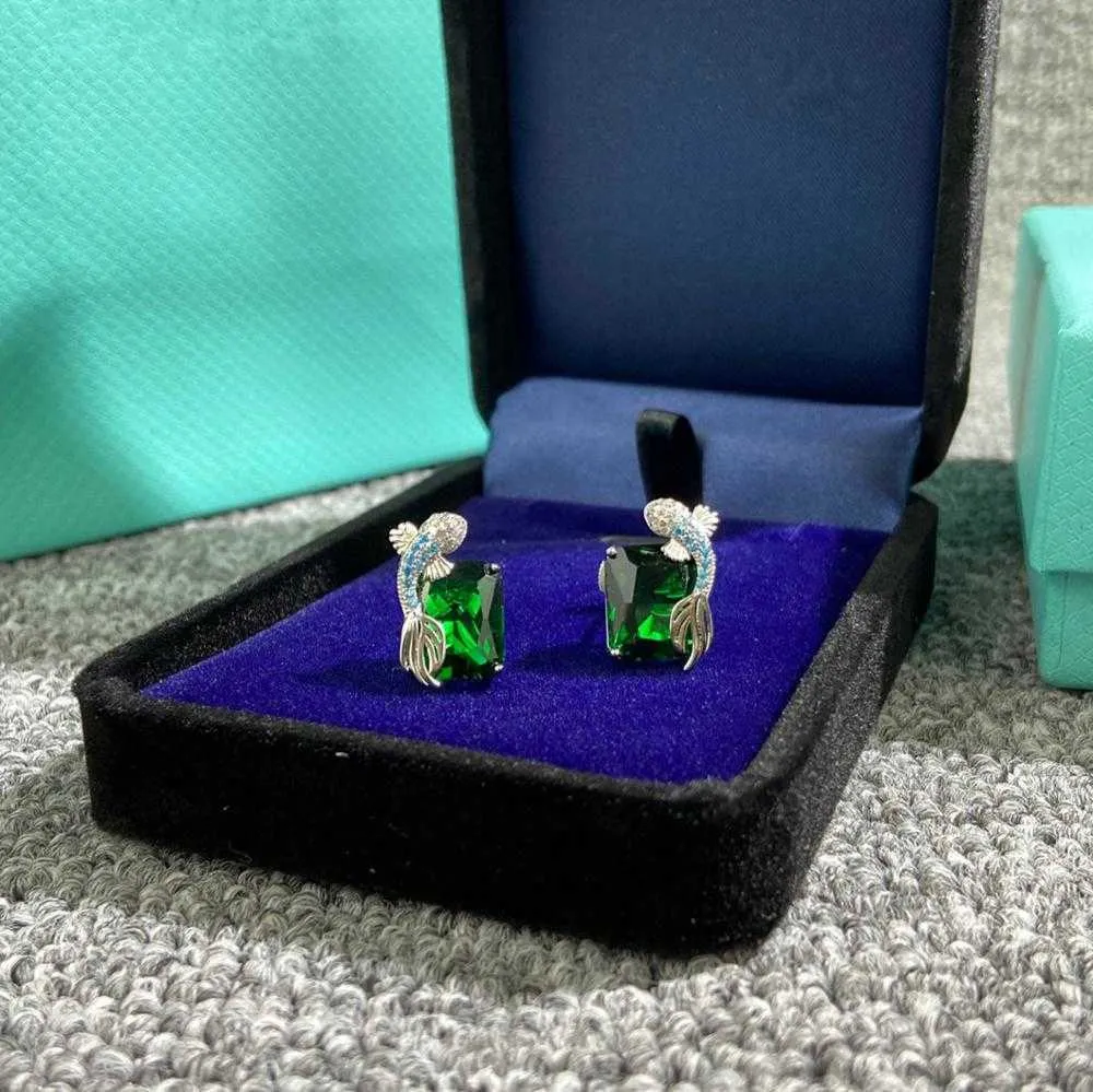 Брендовые серьги из чистого серебра 925 пробы для женщин, серьги с зеленой рыбой и бриллиантами, серьги для свадебной вечеринки, серебряные украшения, большой дизайн, Jewelry266M