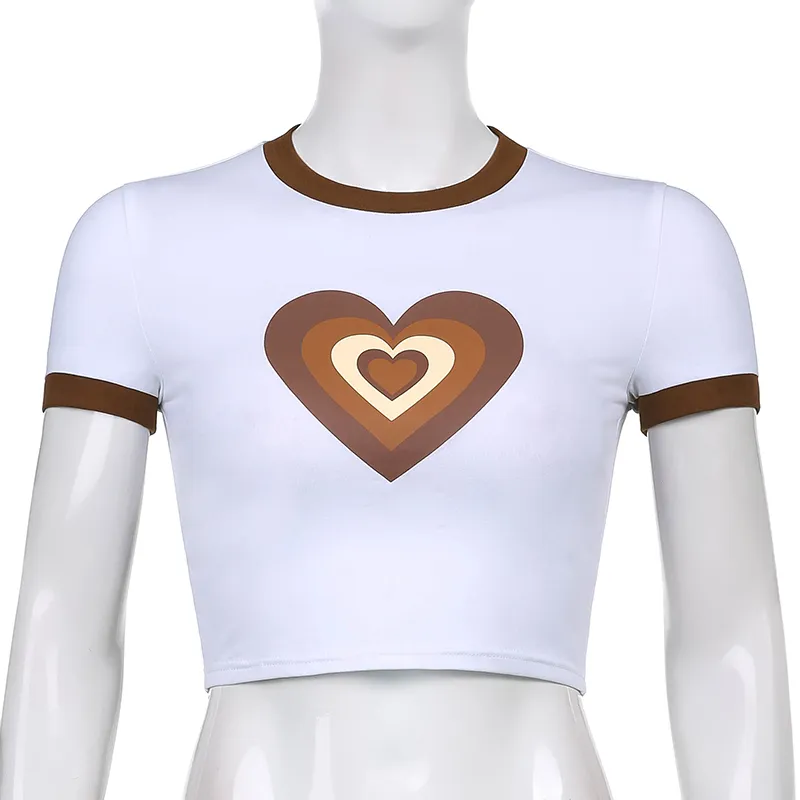 Kawaii Stampa cardiaca T-shirt Y2K con manica corta Fashion Fashion Donne Harajuku Summer Crop Top ragazze Bianco Tees Shirt 210510