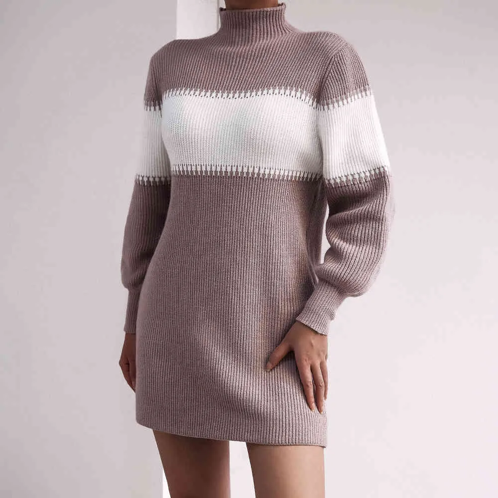 Осень зима вязание свитера платье мягкий a - Line Jumper платье для женщин Trutleeneck фонарный рукав цвет подходящие шерстяные дт 210514