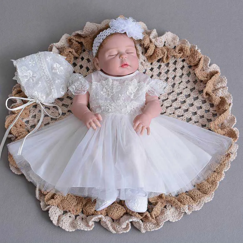 Розничные младенческие свадебные костюм девочка кружева цветок платье крещение платье тюль формальный первый день рождения 0-30 месяцев E1001 210610