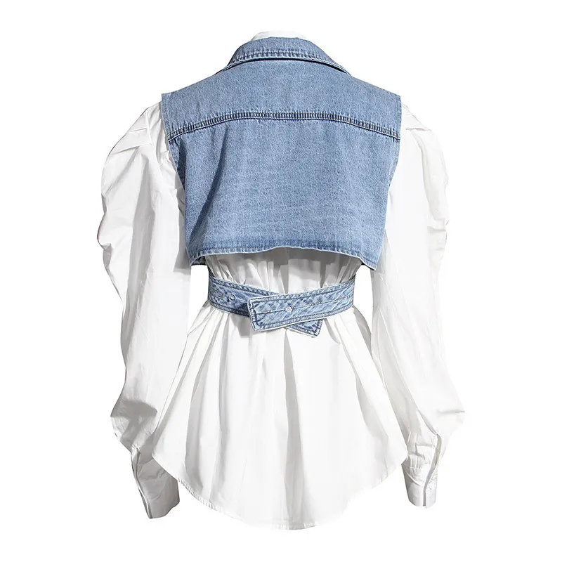Printemps et automne mode denim gilet blanc coton chemise deux pièces simple boutonnage haut femme 210421