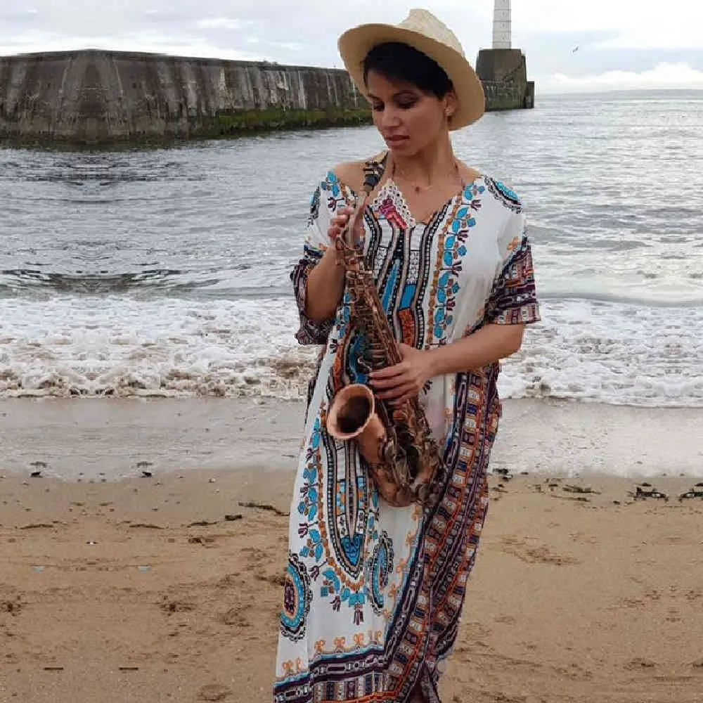 Tuniktryck Rayon Kaftan Beach Dress Badkläder Stor storlek Beachwear Cover Ups Robe Plage saaa de Praia # 210319