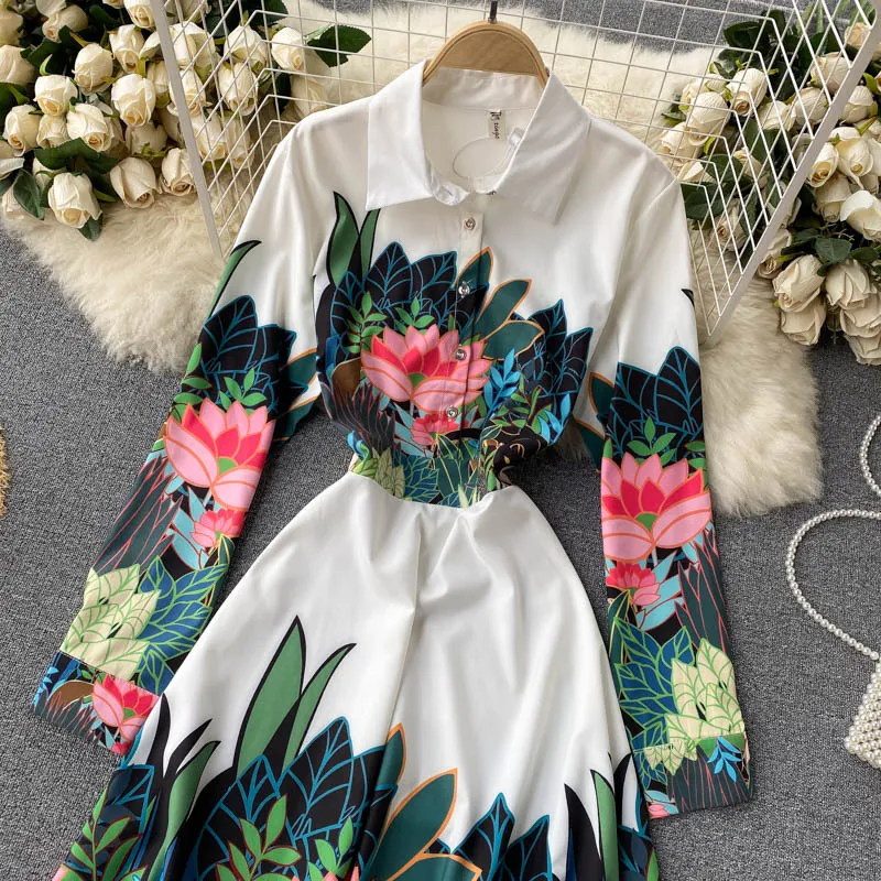 SINGREINY Women Vintage Print Dress Turndown-Collar Long Sleeve Button A-line Dresses Spring Korean Style Bohemian Midi Dress 210419