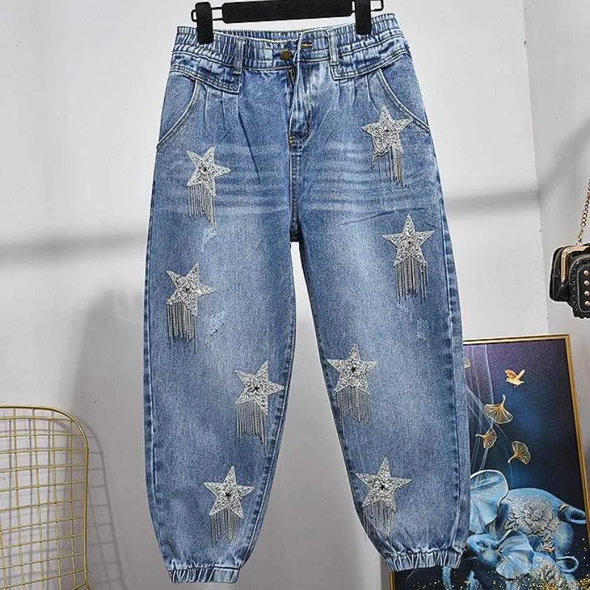 Vijfpuntige ster kwastjes kralen jeans vrouwen elastische taille losse casual rechte harembundige enkellengte 210708