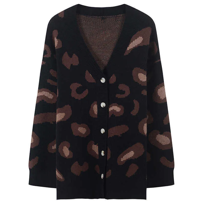 HLBCBG Женские свитеры осень зима модный повседневный леопардовый V-образным вырезом отдельно погруженный слоеный рукав свободных кардиганов пальто 210805