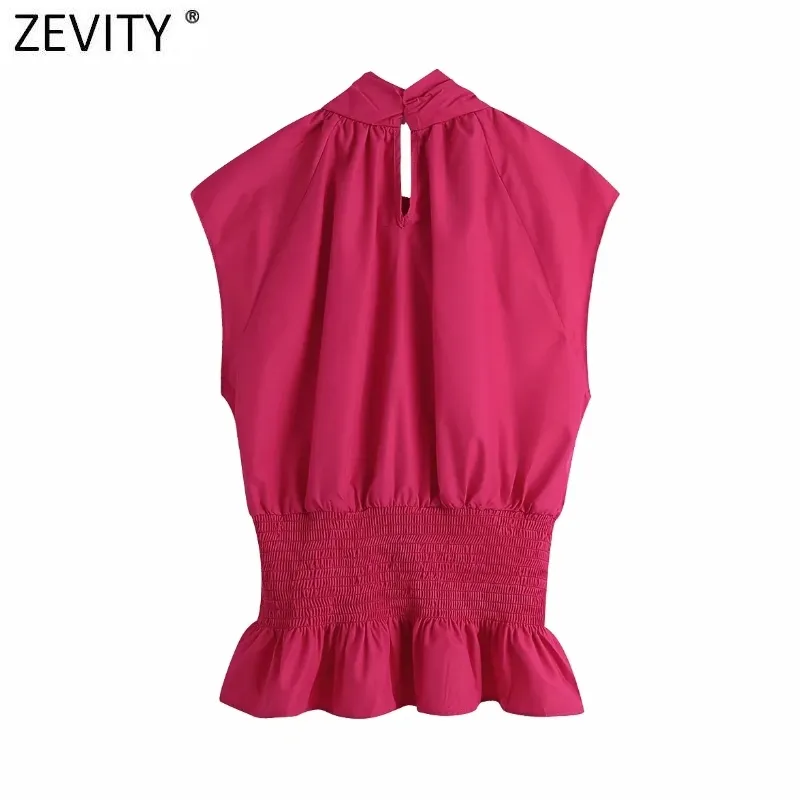 Femmes doux solide nœud col chemise décontractée femme sans manches élastiques volants mince gilet Blouse Roupas Chic hauts LS9078 210416