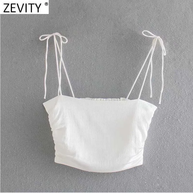 Zevity Women Spaghetti Pasek Czarno biały kolor Chic Camis Tank Lets Letni back elastyczne plisowane topie z uprawą LS9070 210603