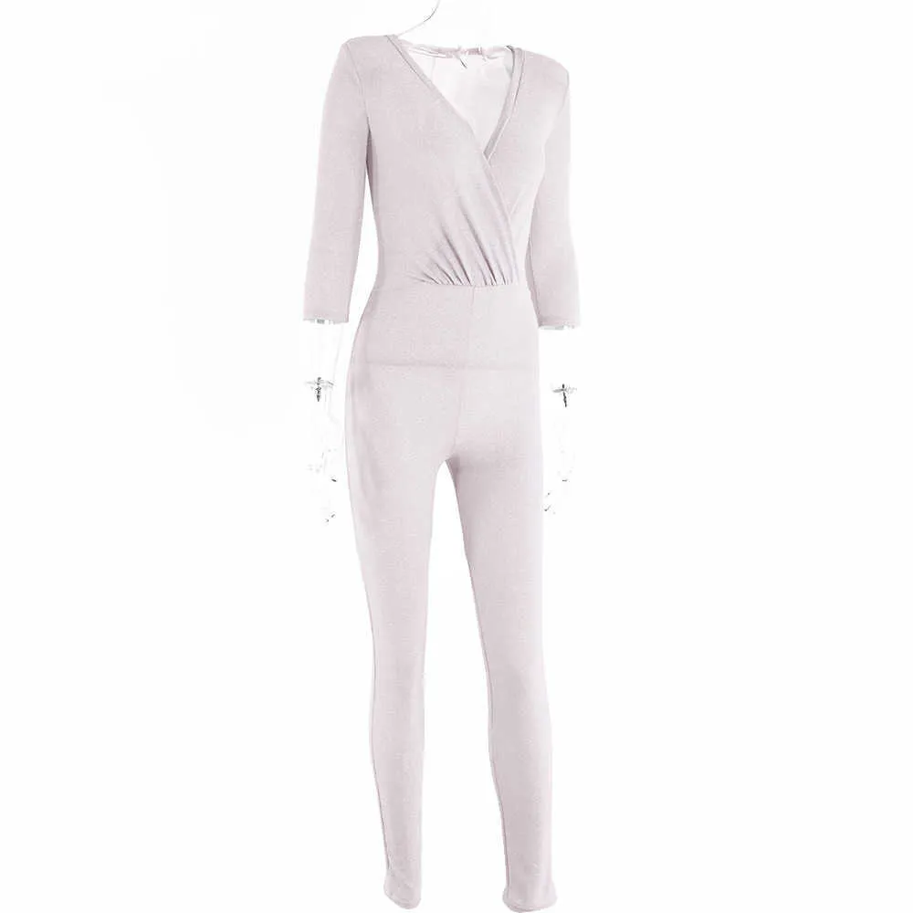 Três trimestres manga almofada brilhante ombro jumpsuit v-pescoço mulheres bodycon macacão macacões clube sexy outfit 210604