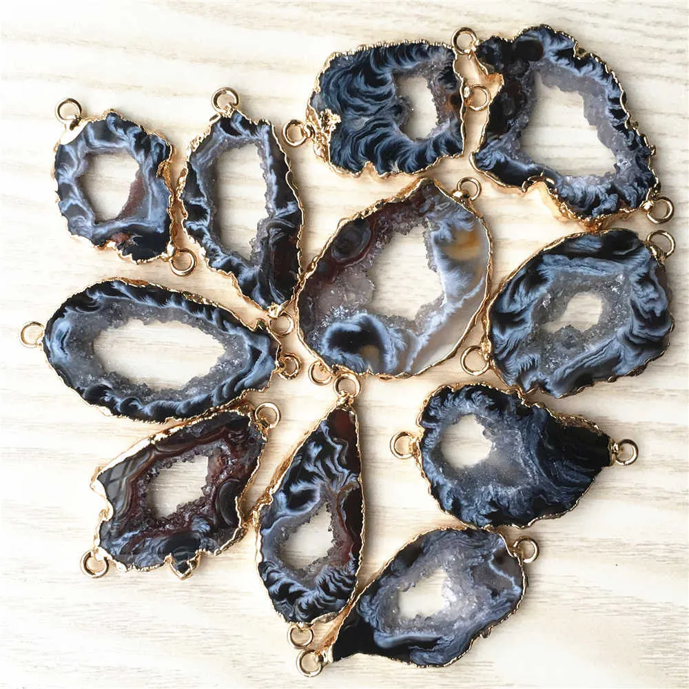 Natürliche schwarze Achate Scheiben Anhänger Anschlüsse Unregelmäßige Rohagate Druzy natürliche Steine Anhänger für DIY -Schmuck Making G092185H
