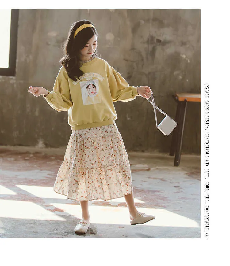 Conjuntos de niños de invierno casual manga larga impresión o cuello camiseta falda floral lindo 2 unids ropa de niñas 3-12t 210629