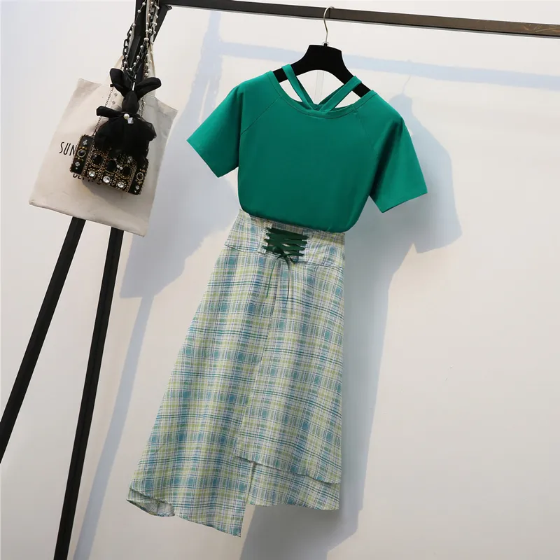 Korean Style Summer Women's Short Sleeves Cotton T-shirt + Plaid Skirts sets Female Fashion Suits Outfit L-4XL 210428