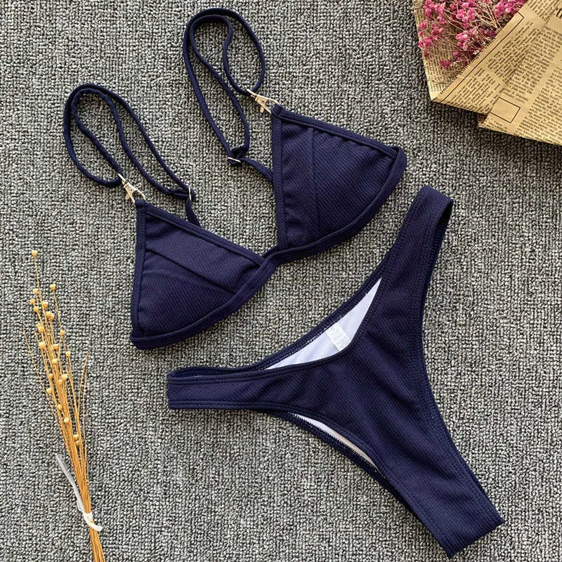 Sexig marinblå Bikini Thong Baddräkt Kvinnor Push Up Badkläder Baklösa Sommar Beachwear Strapped High Cut Bating Suit 210722