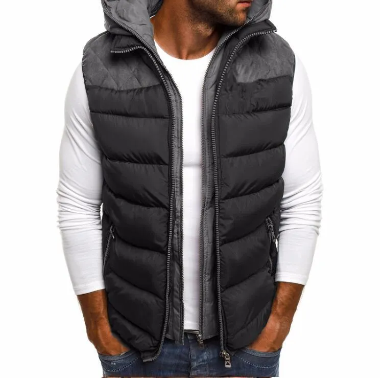 Patchwork Casual Men Hoodies Vest Double Zipper Ärmlös Mens Waistcoat Hooded Höst Vinter Man Gilet Utomhus Chalecos Homme 210524