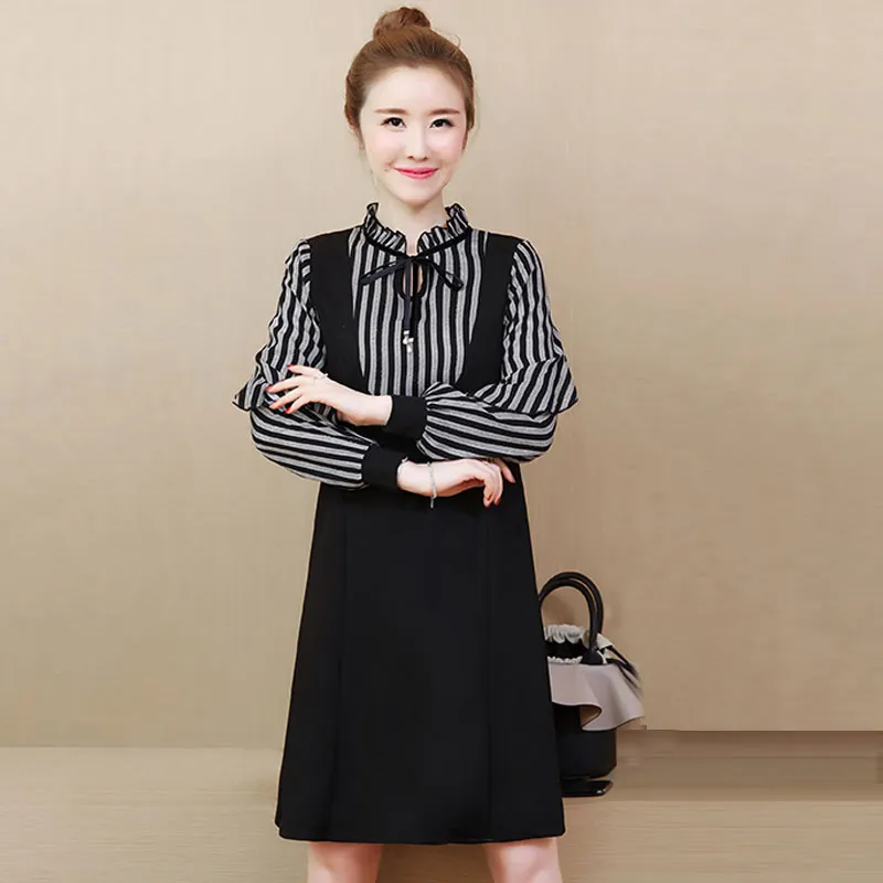 Printemps automne femmes robe Style coréen rayé à manches longues mince grande taille femme faux deux pièces es QX906 210507