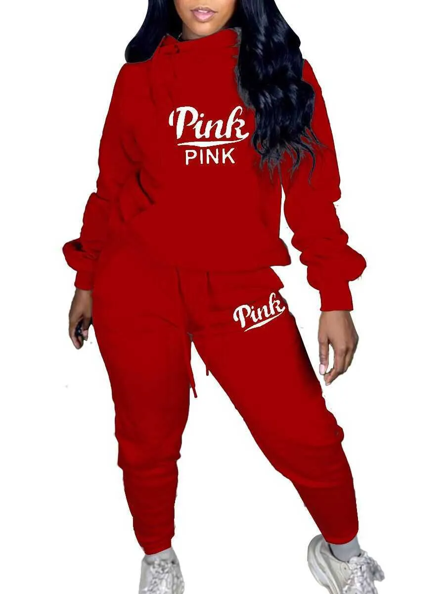 Pullover Sweatshirt Top + Baggy Joggers Pants Loose BF Style Pink Two Piece Outfits For Womens Tracksuit Set 210525