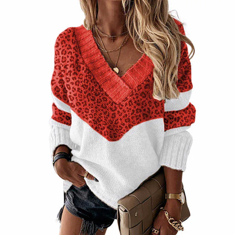 Höst V Neck Patchwork Stickad tröja Kvinnor Casual Långärmad Office Lady Top Pullover Vinter Loose Streetwear Sweaters 210914