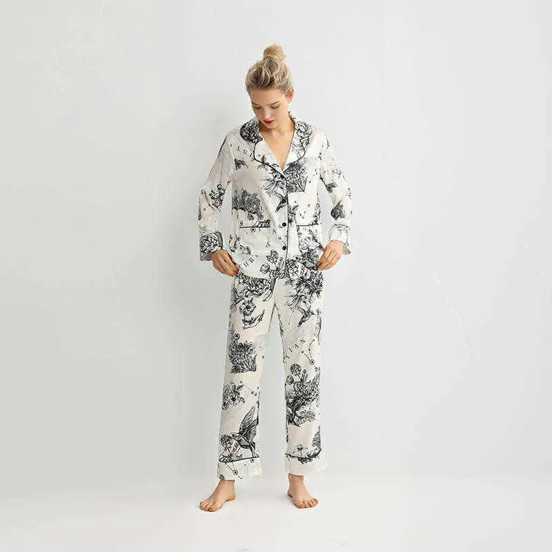 Maison Gabrielle Весна Летнее Печать Шелковый Сатин Пижамас Установить Sleewwures Loungewear для женщин Pajama Femme Long 210809