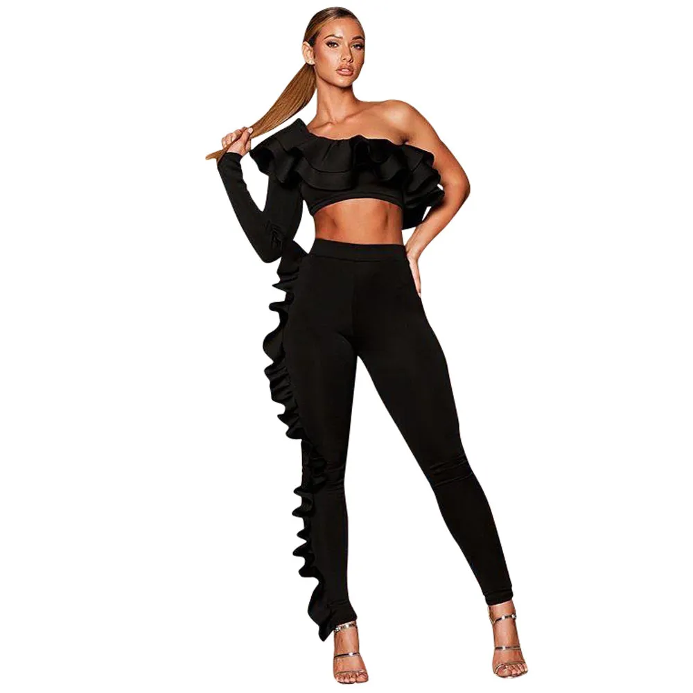 Splicing Auricle Asymmetrical Short Top Trousers Ruffled Sleeve One Shoulder Pencil Pants Ankle Length S-XL Fashion Arrival 210416