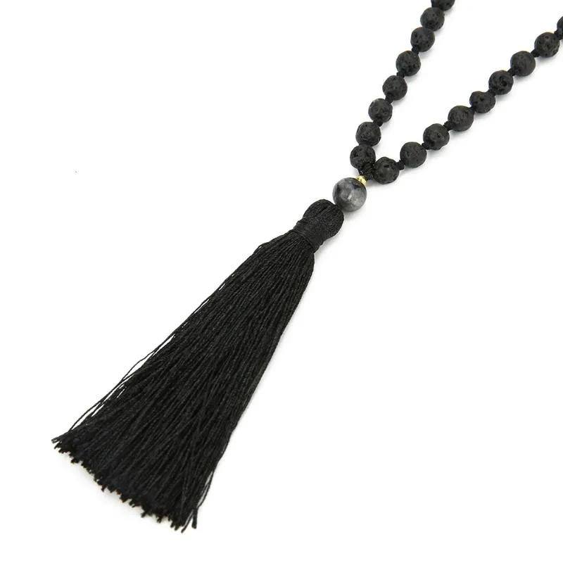 Perles de mala 6 mm en pierre volcanique nouée méditation semi-précieuse bijoux hommes et femmes collier de charme accroché à pavillon noir n3094