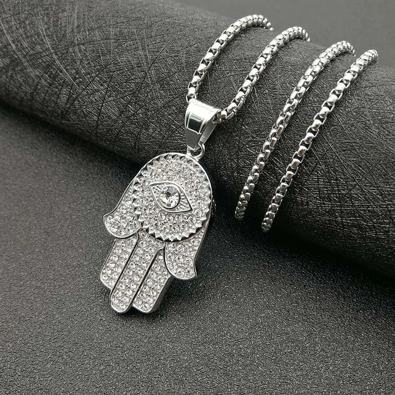 Hip Hop glacé Hamsa main de Fatima oeil turc pendentif collier couleur or chaîne en acier inoxydable pour hommes bijoux goutte