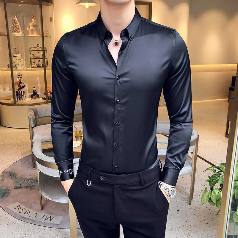 Neckline Embroidery Mens Shirts Long Sleeve Casual Slim Fit Men Dress Solid Color Formal Business Social Clothing Blouse 210809