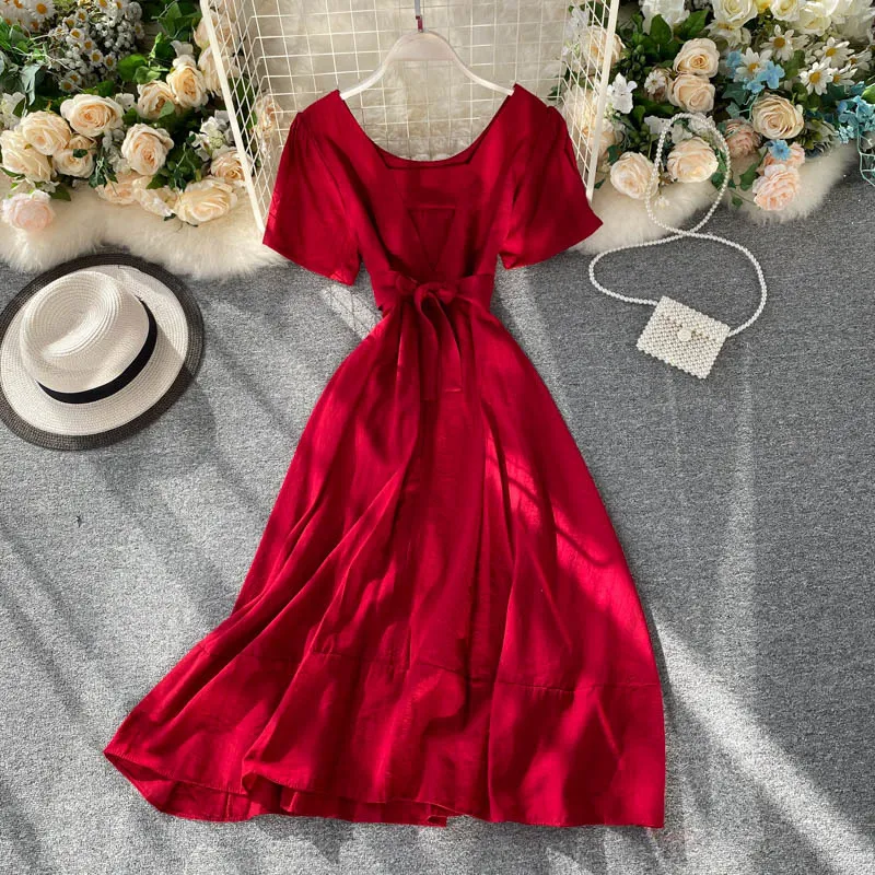 Koreanischen Stil Sommer Kleider Solide Zurück Bandage Elegante Prinzessin Vestidos A-line Roben Kleid Frauen 17175 210415