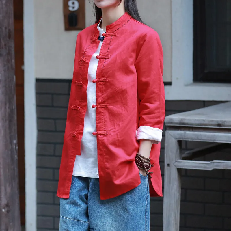 Johnature Donna Camicie nere Stand manica lunga Camicette stile cinese Primavera ricamo Bottone i Top Camicie donna 210521