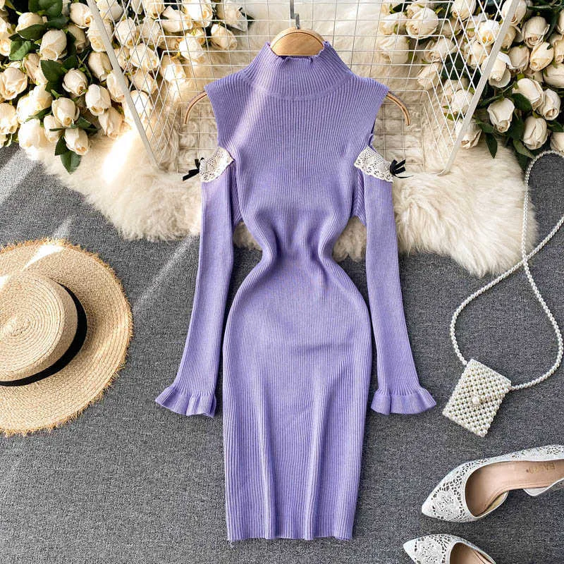 Lady Stand Neck Knitted Sweater Dress Mujer Moda Otoño Invierno Lace Side Manga larga Slim Color sólido Vestidos Q649 210527