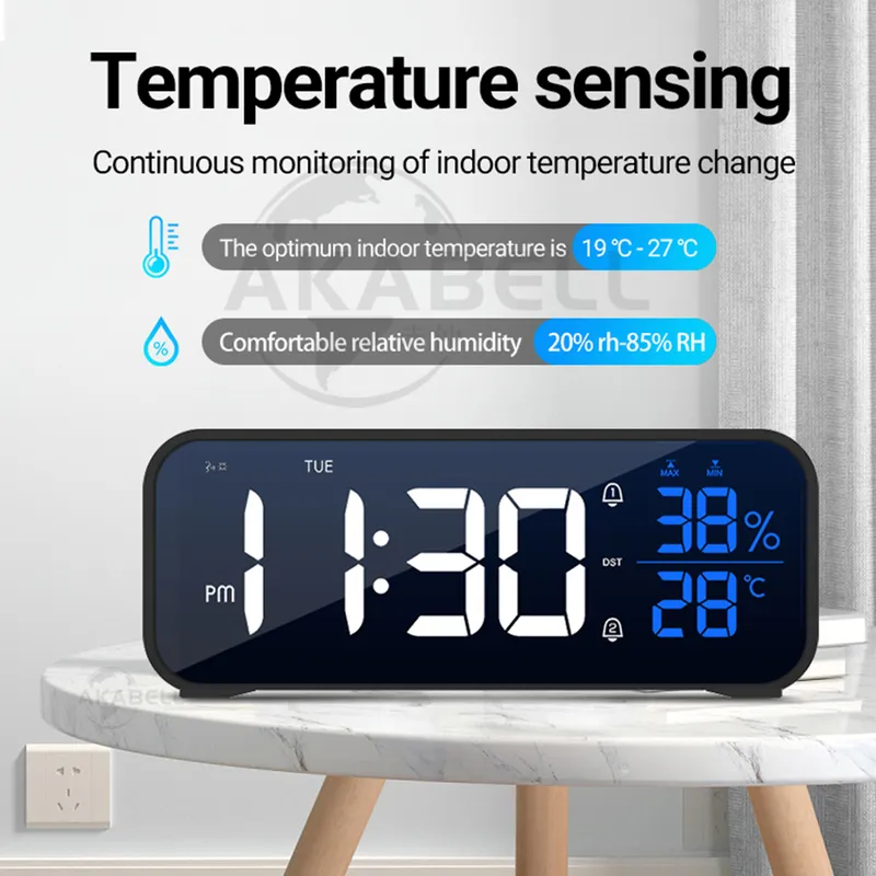 Miclock Digital Alarm Clock Temperatura I Wilgotność Duże Lustrzane LED Elektroniczny Z Tabela wyświetlacza ładowarki USB 220311