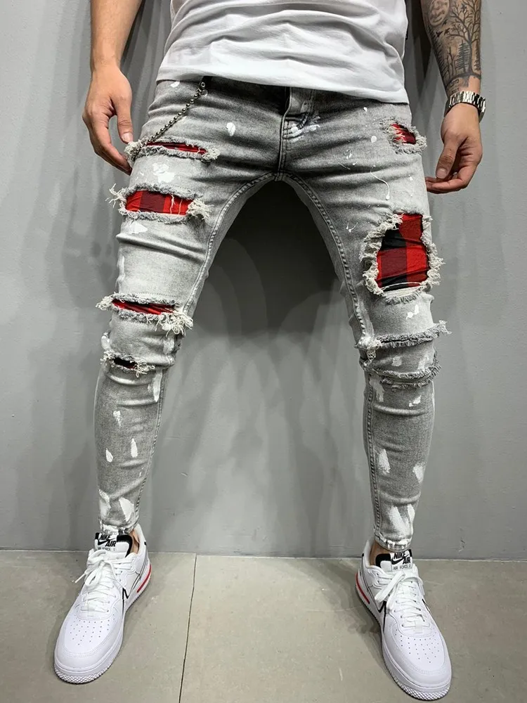 Hommes Skinny Ripped Jeans Plaid Patchwork Denim Pantalon Hip-Hop Imprimer Jogging Crayon Haute Qualité Denim Hommes Pantalon Taille 29 38 42