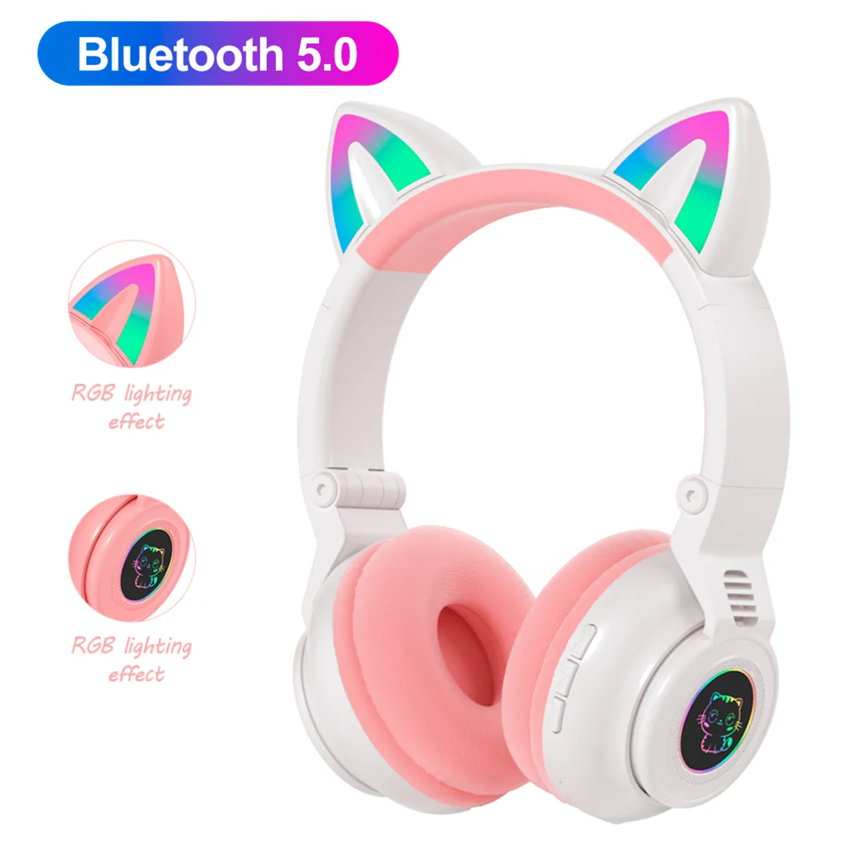 Cuffie con orecchio di gatto RGB Bluetooth 5.0 Cancellazione del rumore Adulti Ragazza bambini Supporto cuffie TF Card Radio FM con microfono telefono Cuffie da gioco PC