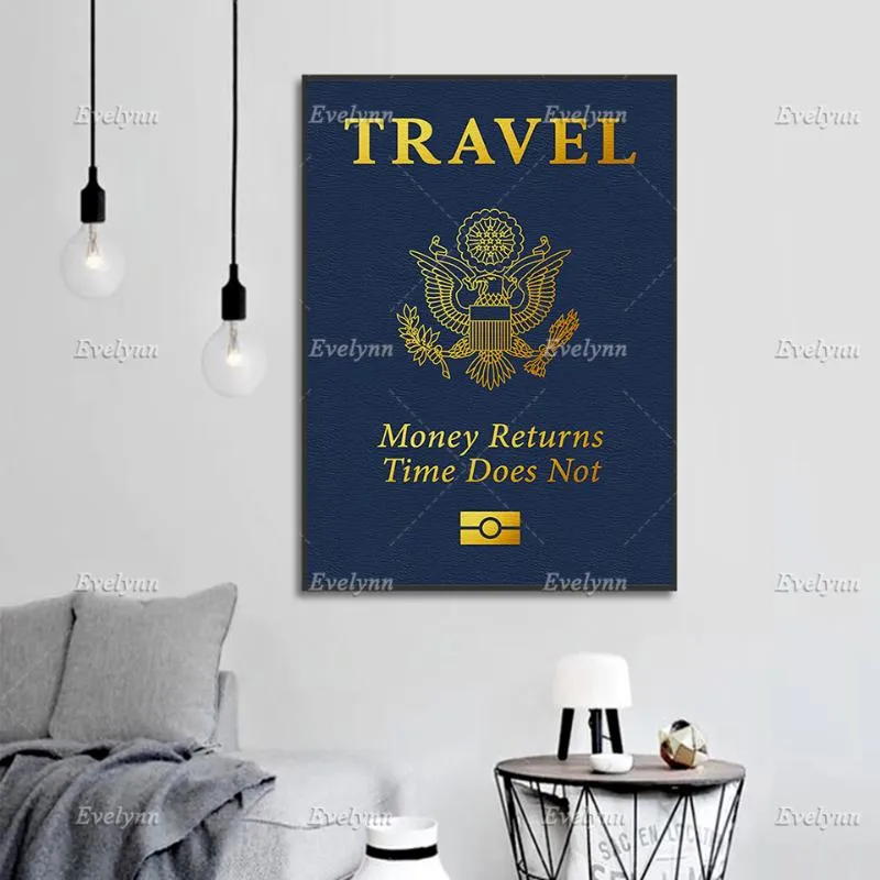 Dipinti motivazionali ispiratrice poster tela- passaporto viaggio denaro restituisce tempo non wall art uffice home de282u