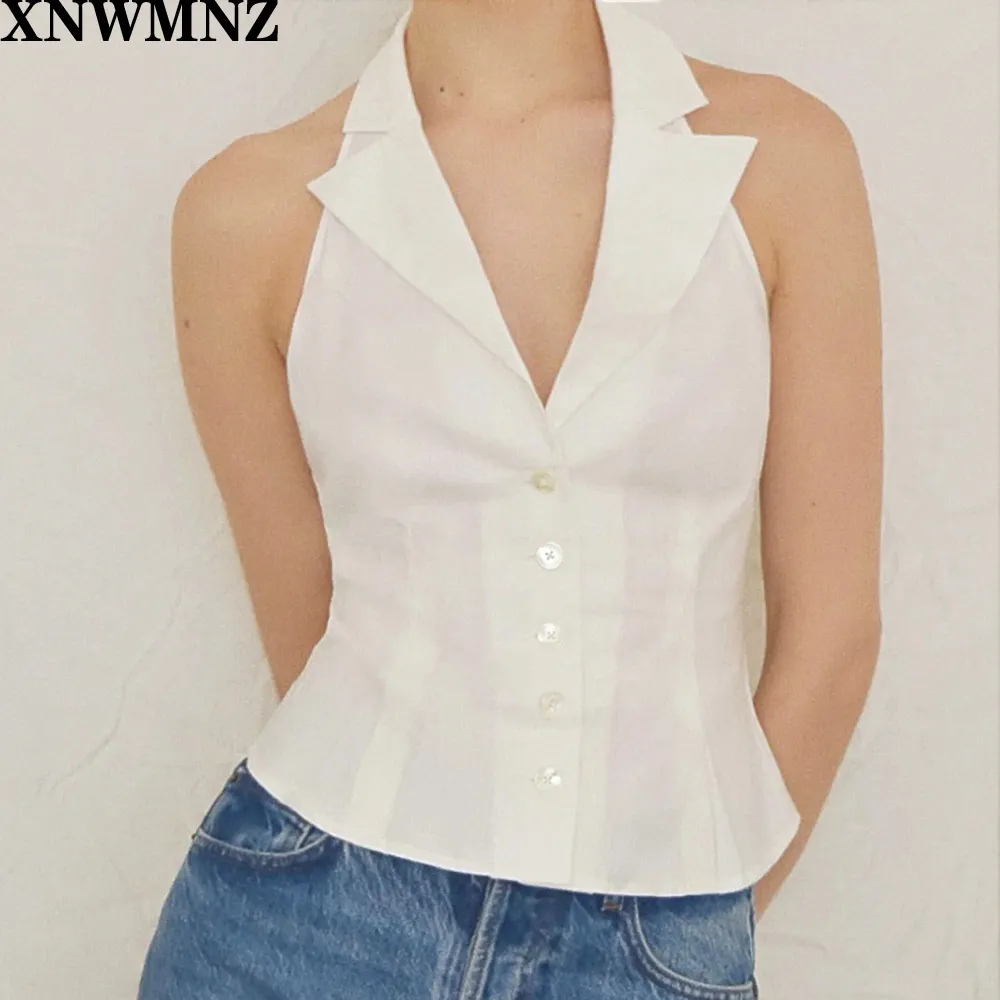 Vintage coton blanc femmes camis slim col rabattu femmes top mode sans manches débardeur pour-love tops 210520