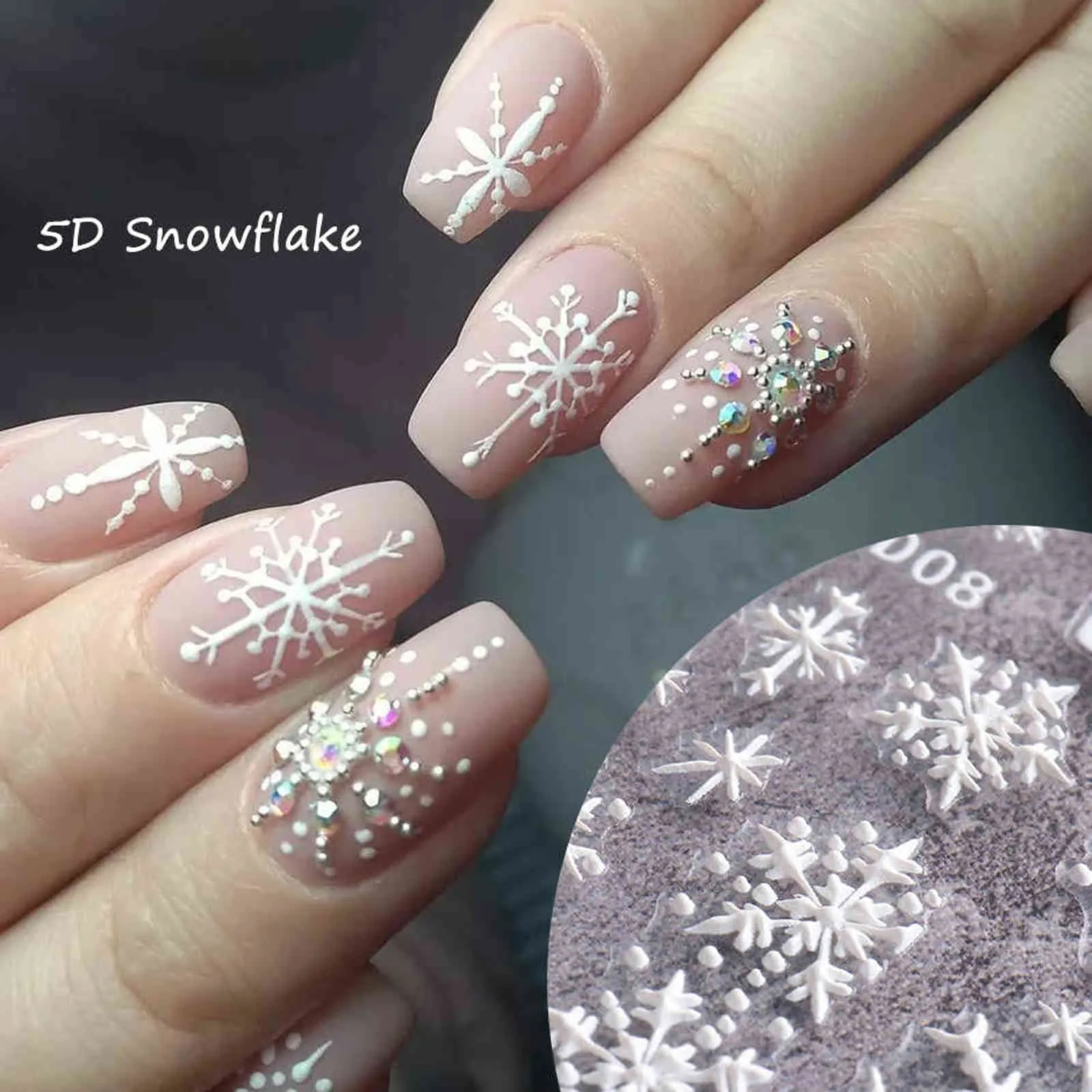 5D Białe płatki śniegu Tłoczone Naklejki Boże Narodzenie Nowy Rok Nail Art Design Winter Charms Flower Manicure Slicure Naklejki Chstz5d01-08 Y1125