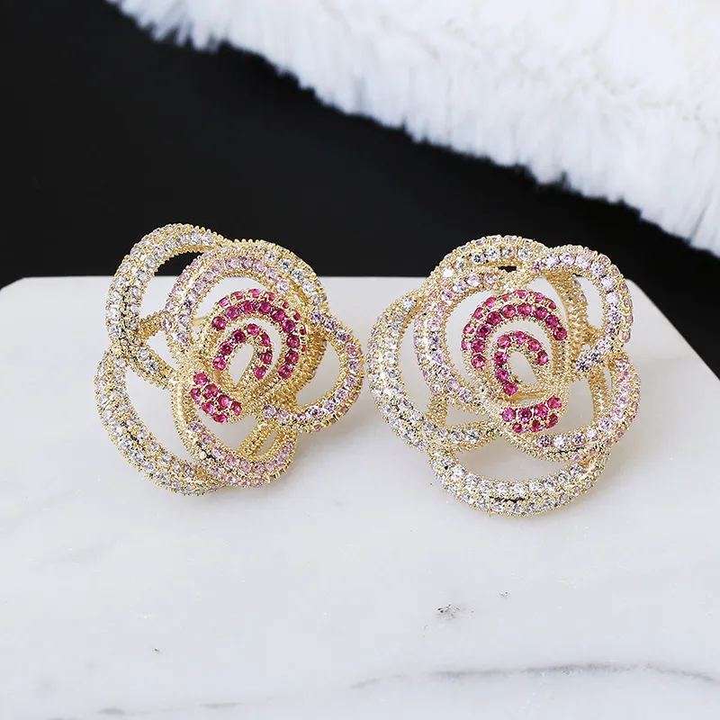 luxury brand korean fashion summer accessories camellia with full zircon flower stud earring women for gifts