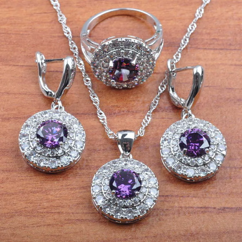 Ensemble de bijoux de qualité AAA + pour femmes, bijoux de mariée, boucles d'oreilles en zircone cubique violette, collier, bague, Bracelets, JS0271 H1022
