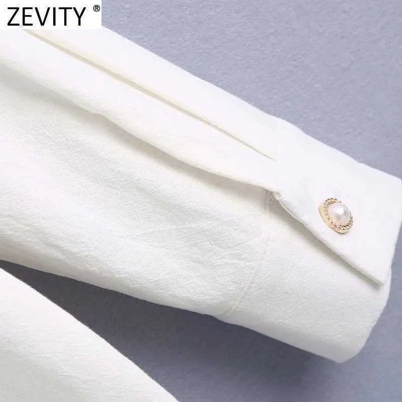 Zevity Spring Kobiety Vintage Podwójne Kieszenie Pearl Przyciski Smock Bluzka Biuro Panie Koszulki Koszulki Chic Blusas Topy LS7509 210603