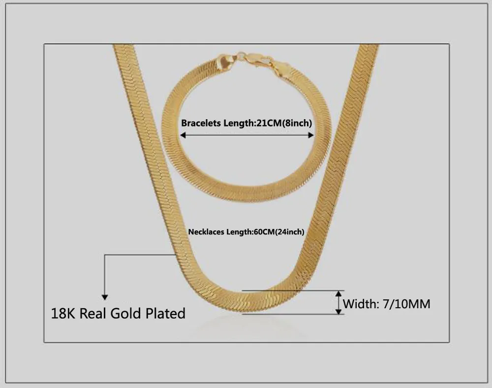 Men Women Hip Hop Punk 18K Real Gold Plated 7 10MM Fashion Thick Snake Chain bracelets Necklaces Jewelry Sets Costume Jewelry178j