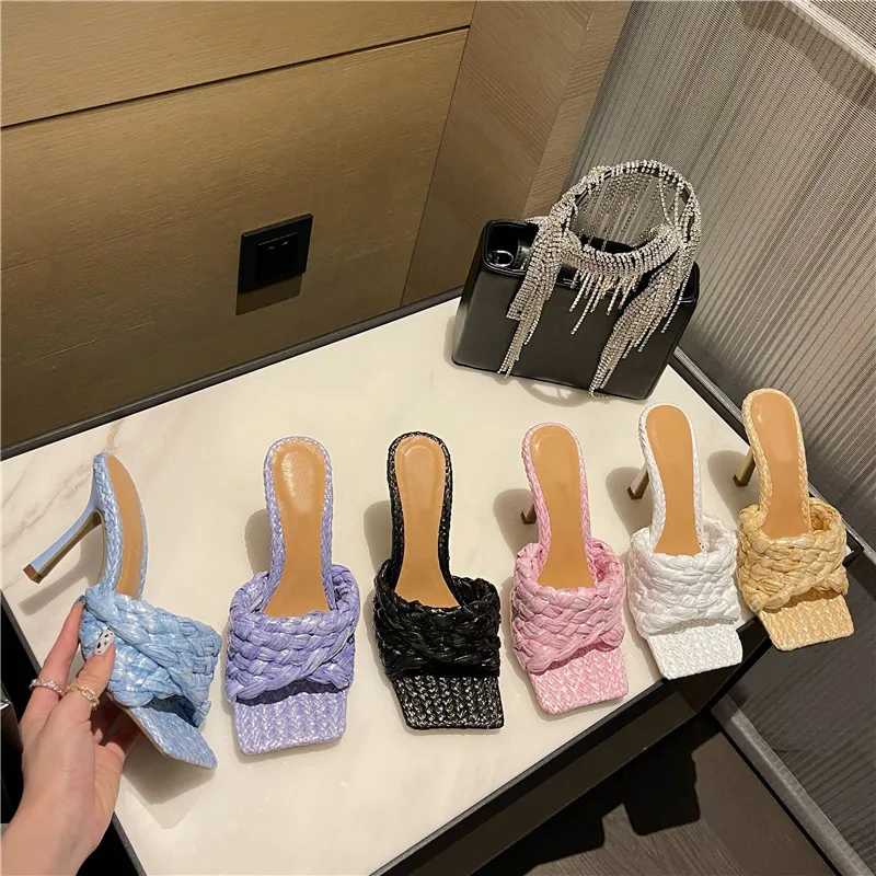 Eilyken 2021 New Summer Design Weave Square Toe Heels Pantofole di alta qualità Gladiator Beach Sandalo da donna Scivoli Scarpe dadetgkk;sahgks