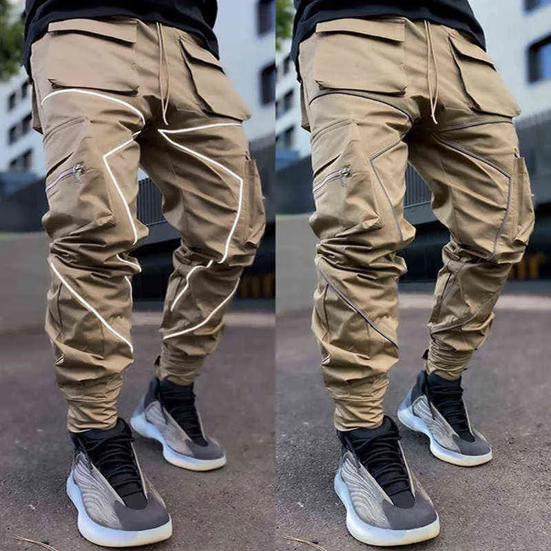 Autumn Men Pants Multi-pockets Harem Overalls Reflective Stripe Cargo Pants All-Match Casual Fashion Sports Male Trousers G220224