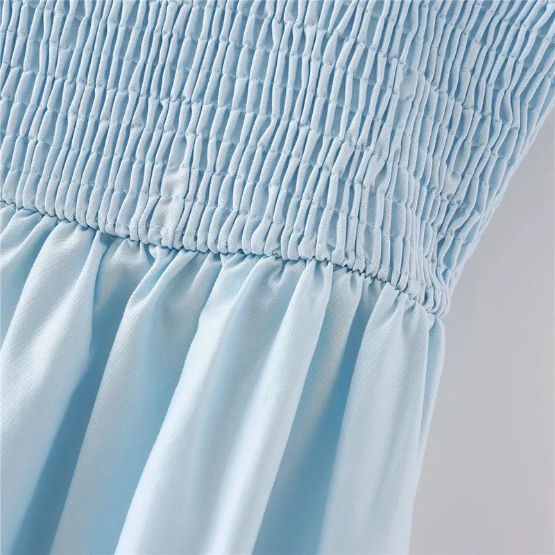 Błękitna panelowa Midi Slip Sukienka Kobiety Wzburzyć Elastyczne Szerokie paski Lato Długie Suknie Ladies Beachwear Sundresses 210519