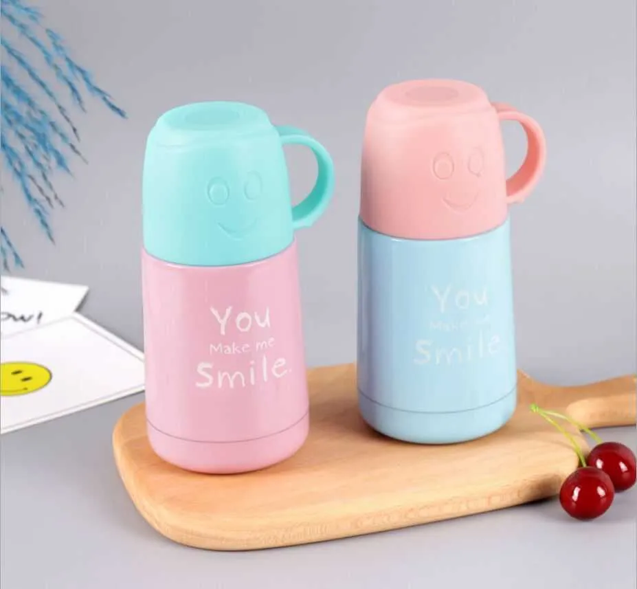 210ml copo térmico de aço inoxidável bonito frasco de vácuo sorridente para crianças chá mini térmico com alça on-line 210809