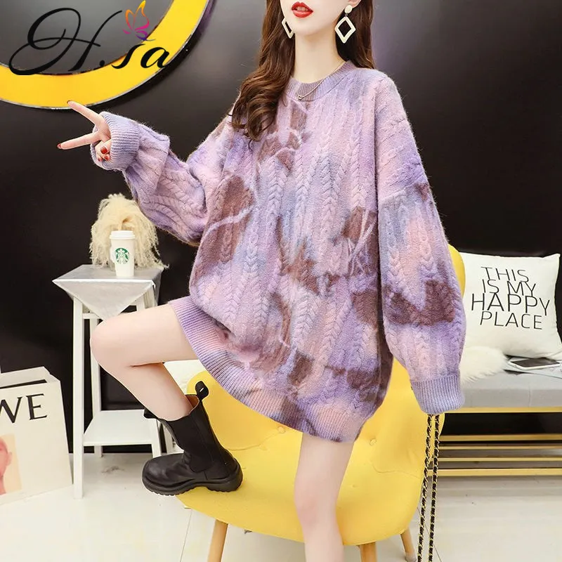 H.SA Kvinnor Casual Sticka Pullovers Oversized Long Chic Koreansk Tröja Toppar Tie Dye Pull Jumpers Kvinna Stickad 210417
