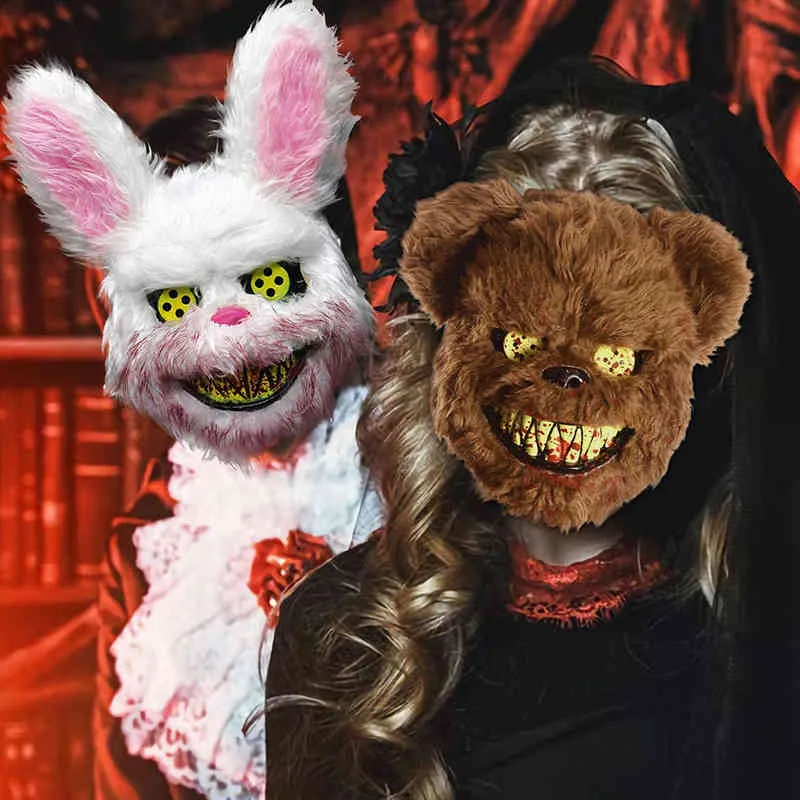 Assustador Bloody Bunny Bunny Bear Máscara de Pelúcia Dia das Bruxas Festa Cosplay Costume Cabeça Creepy Para Crianças Adultos
