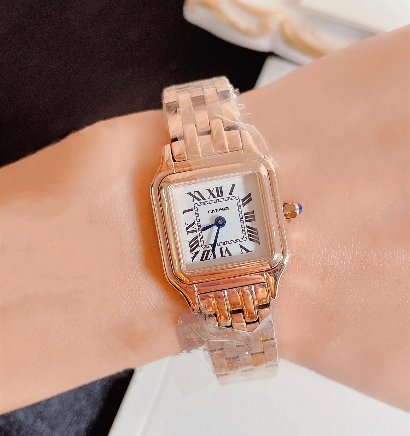 ホットブランドの幾何学四角い腕時計女性ステンレス鋼製クォーツ時計女性ローズゴールドローマナンバークロック22mm 27mm