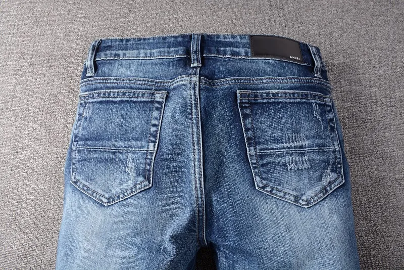 Mode Männer Lange Schlanke Blaue Jeans Desiger Hohe Qualität Patchworl Zerrissene Loch Demin Hosen Streetwear Hiphop Hosen für Männer