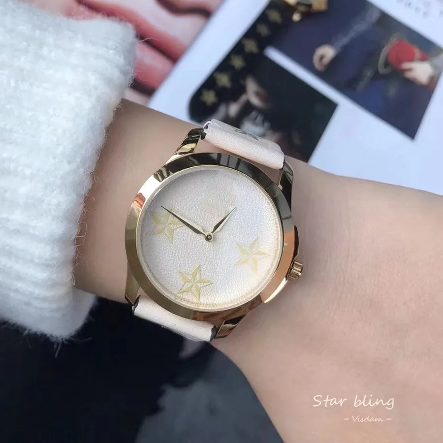 Модные брендовые часы для женщин, женские часы с пятиконечной звездой в стиле пчелы, кожаный ремешок, кварцевые наручные часы G78266R